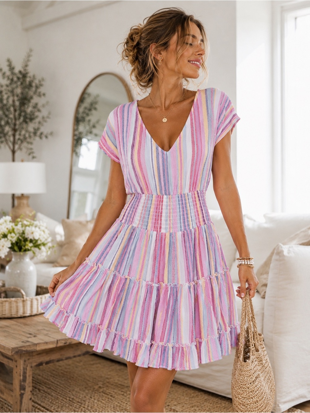 Pastel Stripe Smocked Small Mini Dress Open Back Boho Coastal Cottagecore